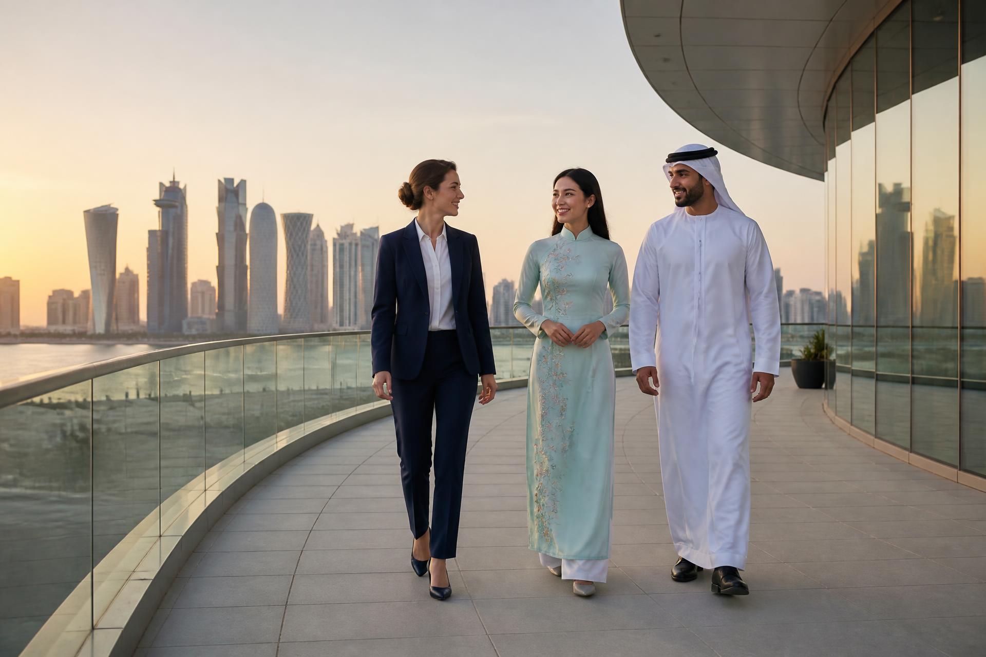 Three professionals — a white woman in business attire, a Vietnamese woman in a traditional áo dài, and a Gulf Arab man in Qatari dress — standing on a modern terrace at sunrise