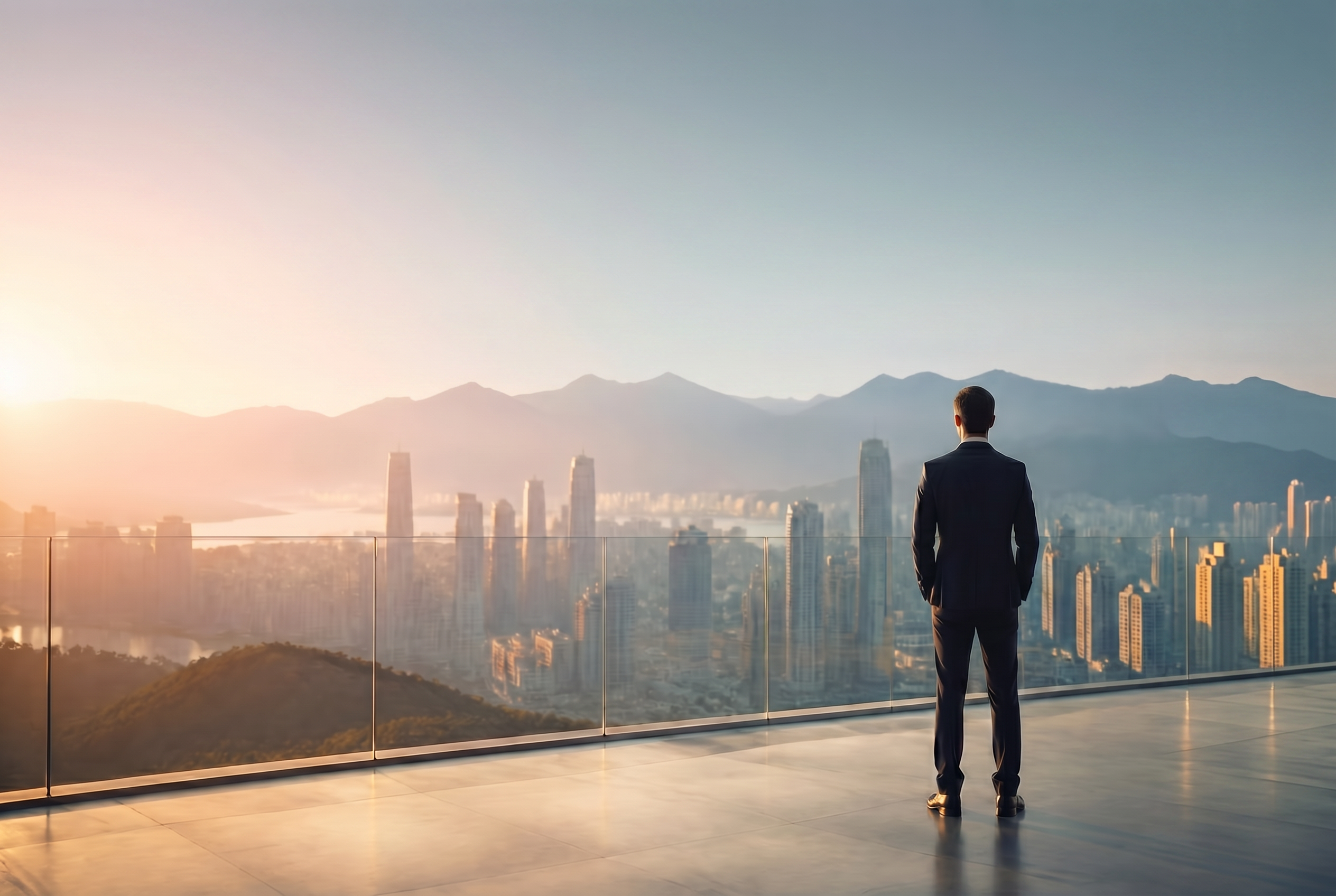A professional looking out over an international future city at sunrise