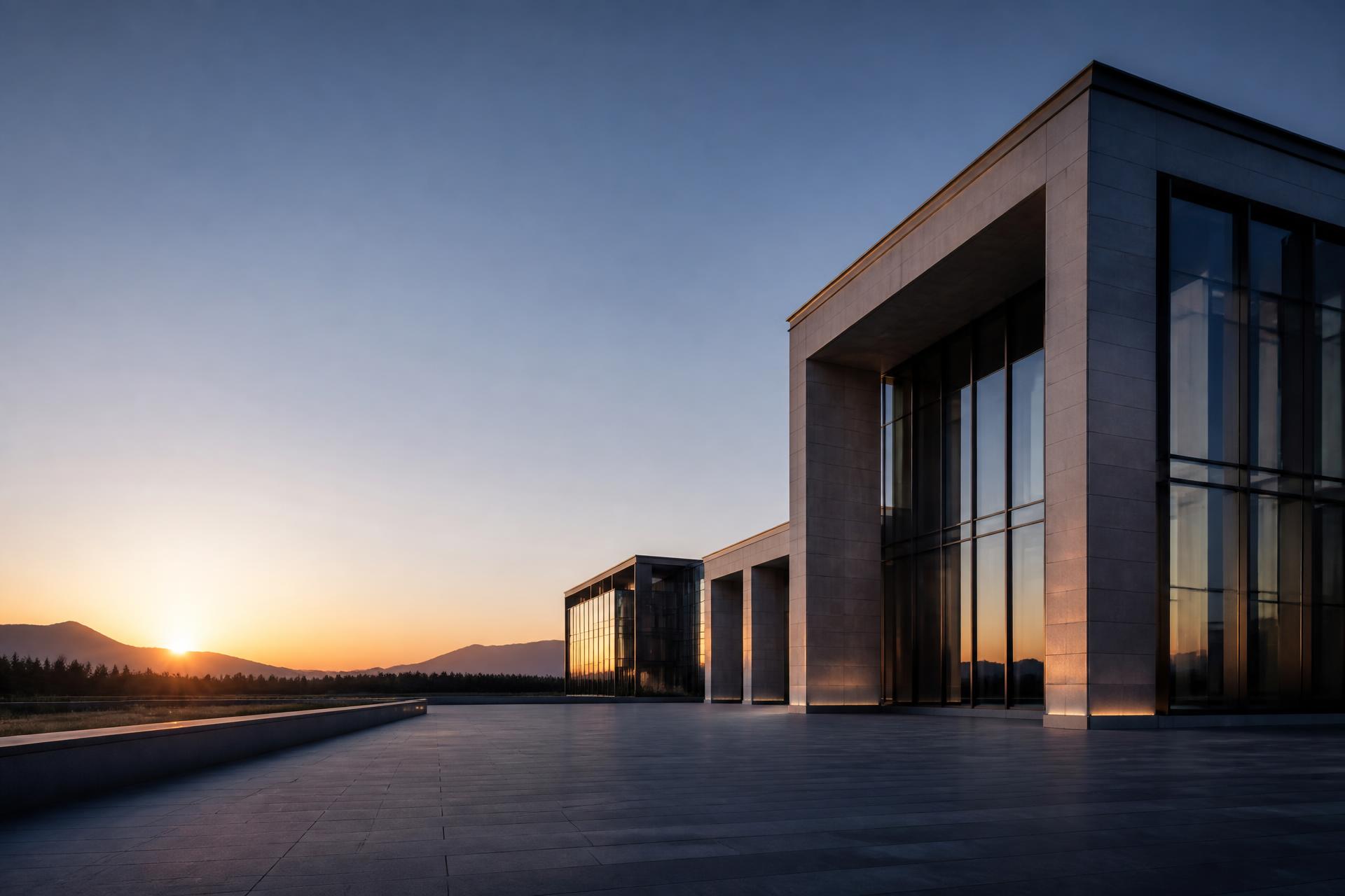 Modern institutional architecture at dawn